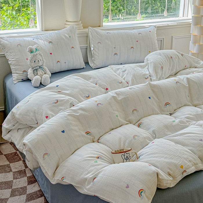 91家纺网 家纺一手货源 找家纺 感遇家纺2025新款全棉双层纱纤柔四件套 七彩虹