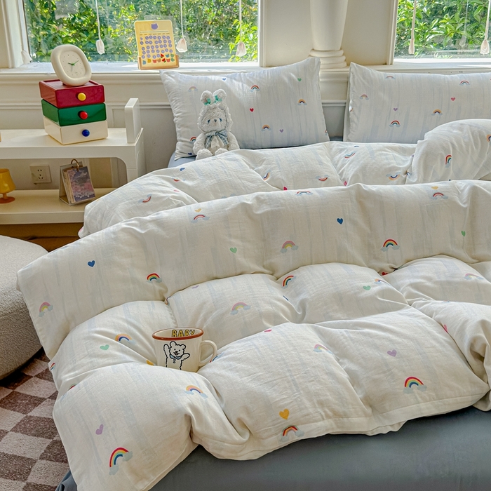 91家纺网 家纺一手货源 找家纺 感遇家纺2025新款全棉双层纱纤柔四件套 七彩虹