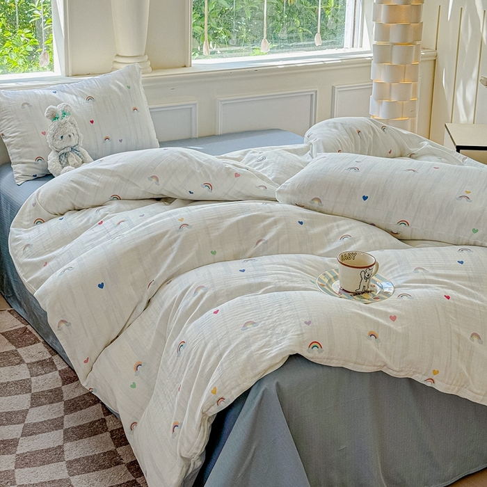 91家纺网 家纺一手货源 找家纺 感遇家纺2025新款全棉双层纱纤柔四件套 七彩虹