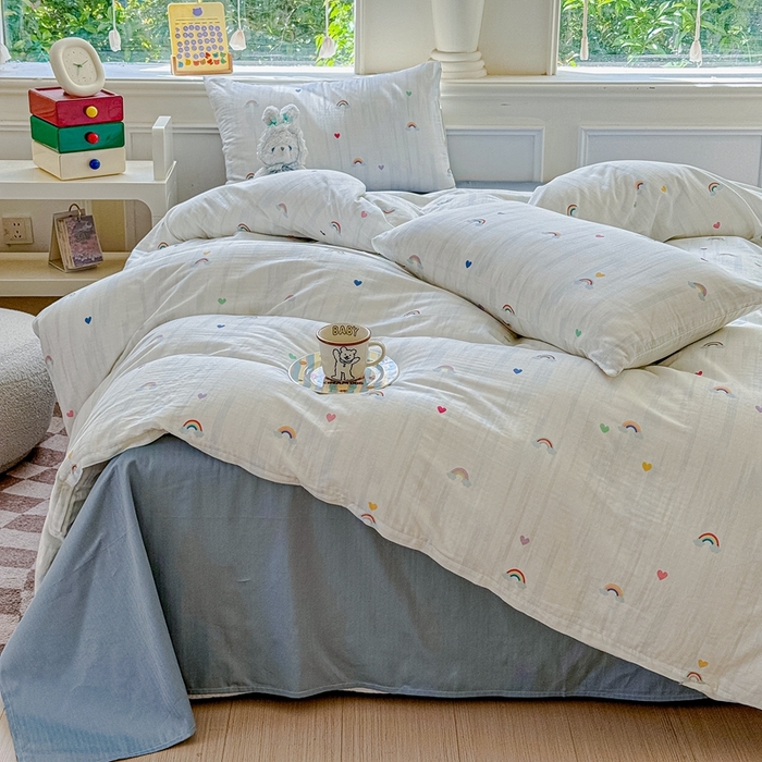 91家纺网 家纺一手货源 找家纺 感遇家纺2025新款全棉双层纱纤柔四件套 七彩虹