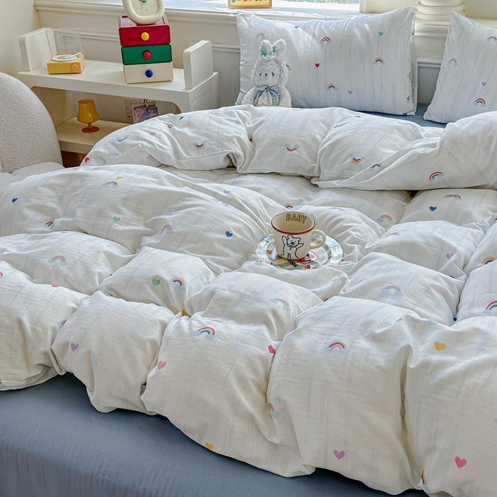 91家纺网 家纺一手货源 找家纺 感遇家纺2025新款全棉双层纱纤柔四件套 七彩虹