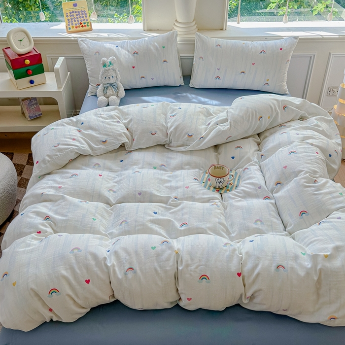 91家纺网 家纺一手货源 找家纺 感遇家纺2025新款全棉双层纱纤柔四件套 七彩虹