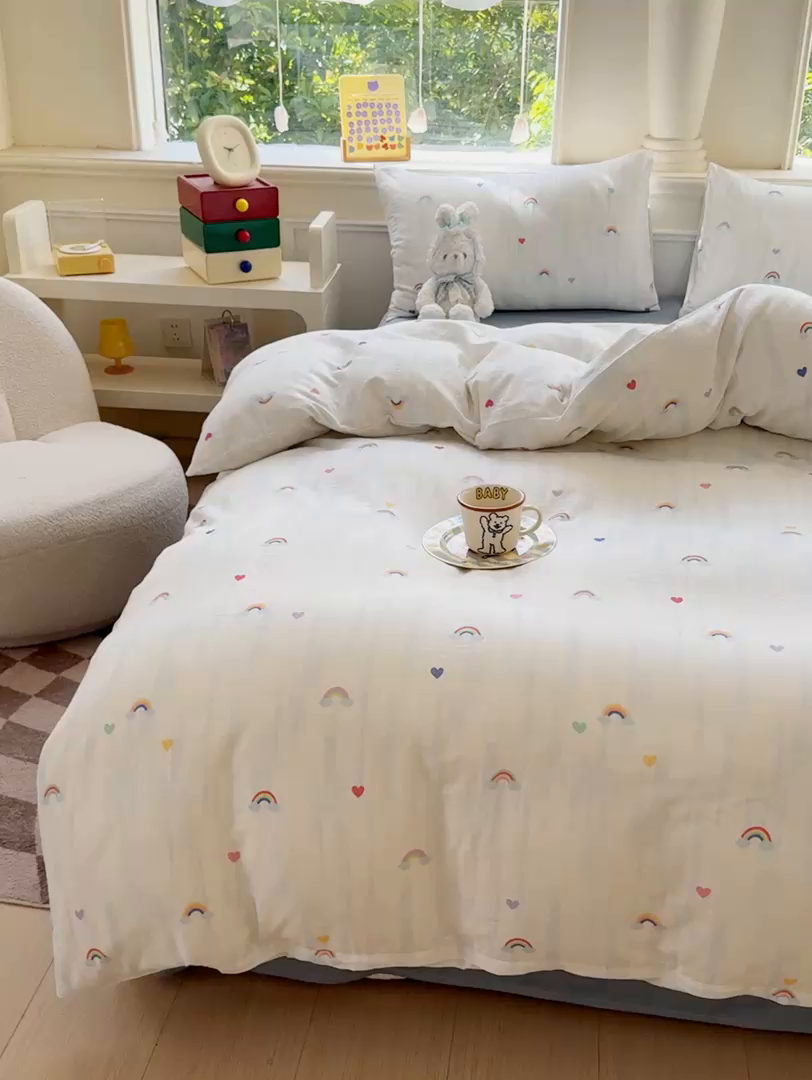 91家纺网 家纺一手货源 找家纺 感遇家纺2025新款全棉双层纱纤柔四件套 七彩虹