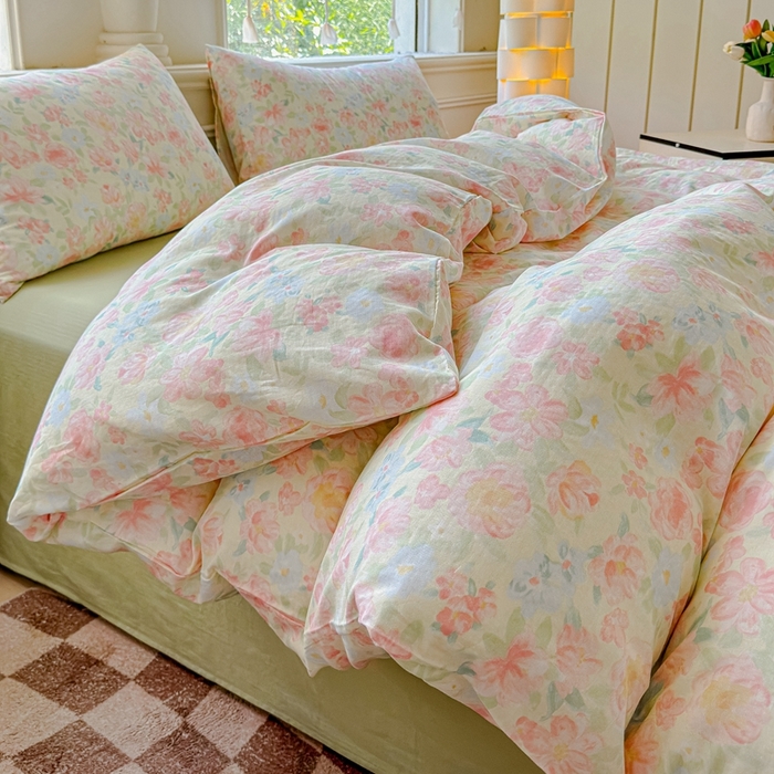 91家纺网 家纺一手货源 找家纺 感遇家纺2025新款全棉双层纱纤柔四件套 晚香玉