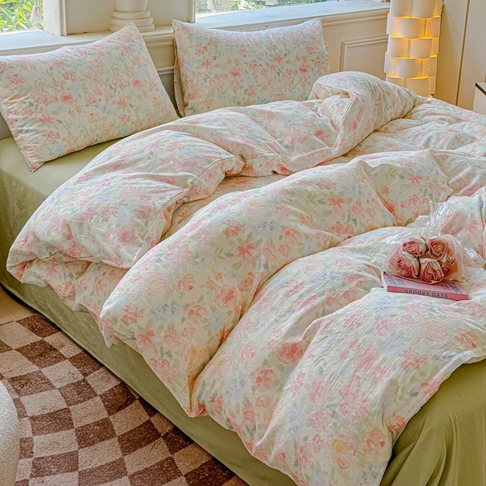 91家纺网 家纺一手货源 找家纺 感遇家纺2025新款全棉双层纱纤柔四件套 晚香玉