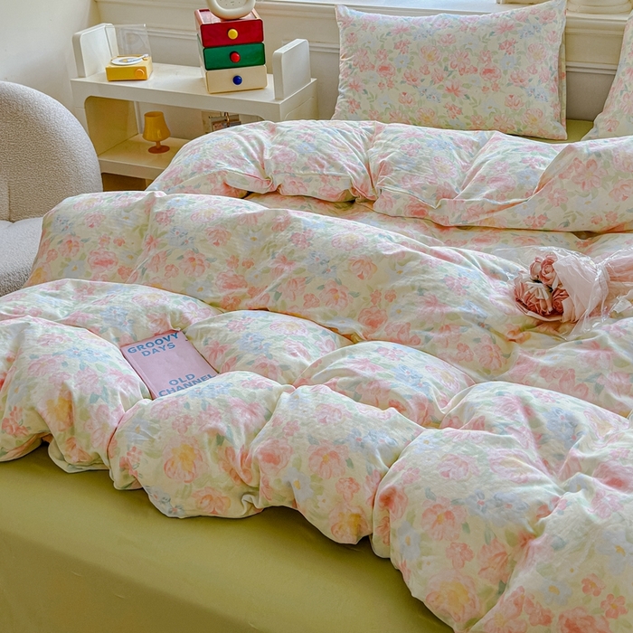 91家纺网 家纺一手货源 找家纺 感遇家纺2025新款全棉双层纱纤柔四件套 晚香玉