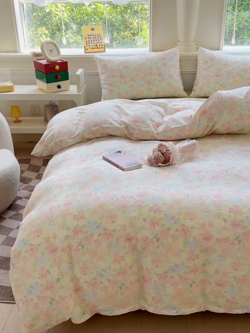 91家纺网 家纺一手货源 找家纺 感遇家纺2025新款全棉双层纱纤柔四件套 晚香玉