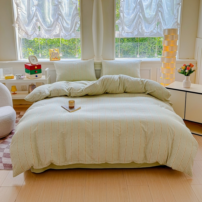 91家纺网 家纺一手货源 找家纺 感遇家纺2025新款全棉双层纱纤柔四件套 心心相印