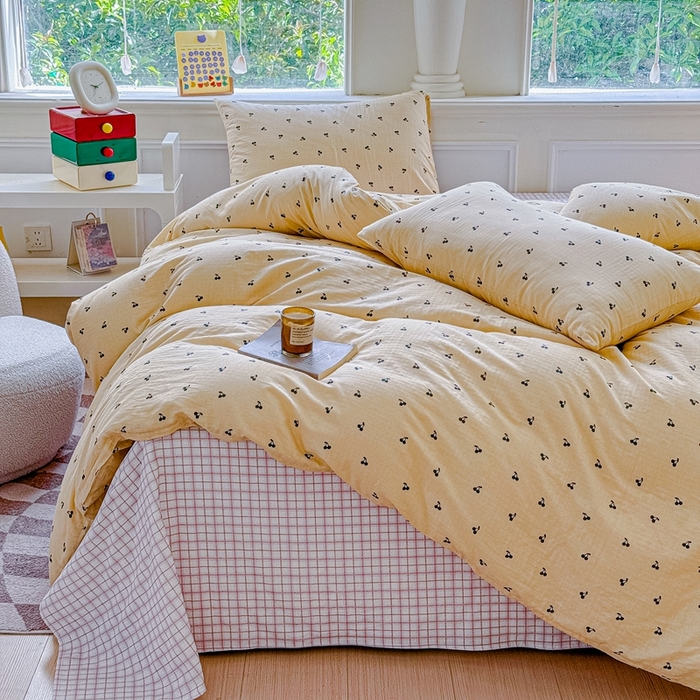 91家纺网 家纺一手货源 找家纺 感遇家纺2025新款全棉双层纱纤柔四件套 樱桃