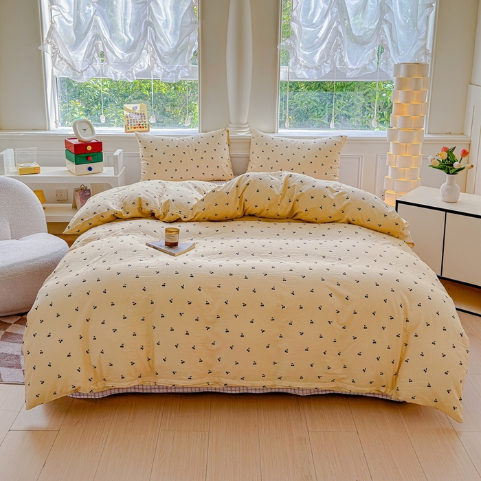 91家纺网 家纺一手货源 找家纺 感遇家纺2025新款全棉双层纱纤柔四件套 樱桃