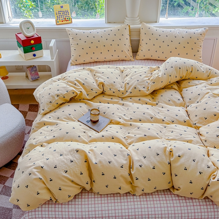 91家纺网 家纺一手货源 找家纺 感遇家纺2025新款全棉双层纱纤柔四件套 樱桃