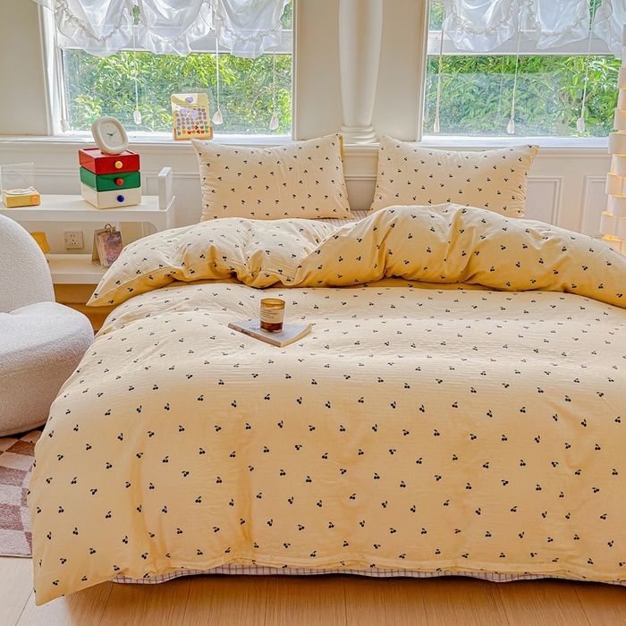 91家纺网 家纺一手货源 找家纺 感遇家纺2025新款全棉双层纱纤柔四件套 樱桃