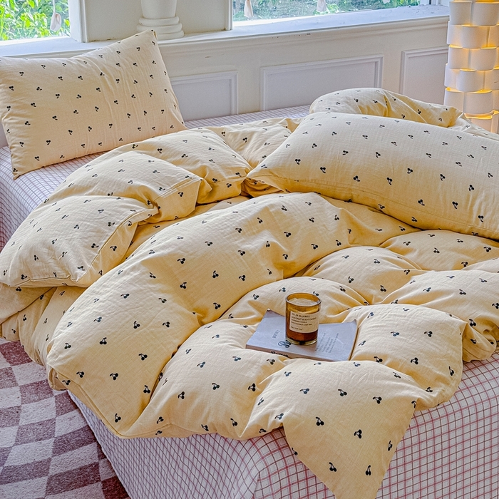 91家纺网 家纺一手货源 找家纺 感遇家纺2025新款全棉双层纱纤柔四件套 樱桃