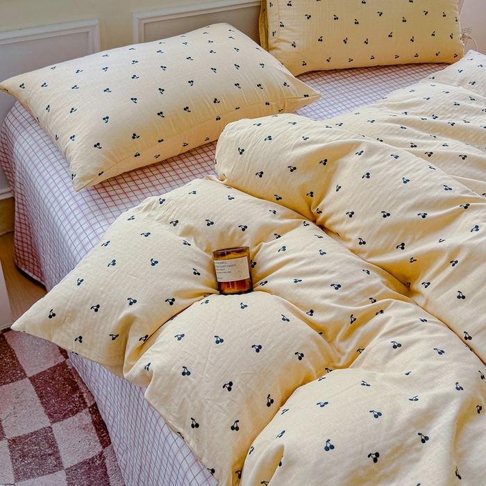 91家纺网 家纺一手货源 找家纺 感遇家纺2025新款全棉双层纱纤柔四件套 樱桃