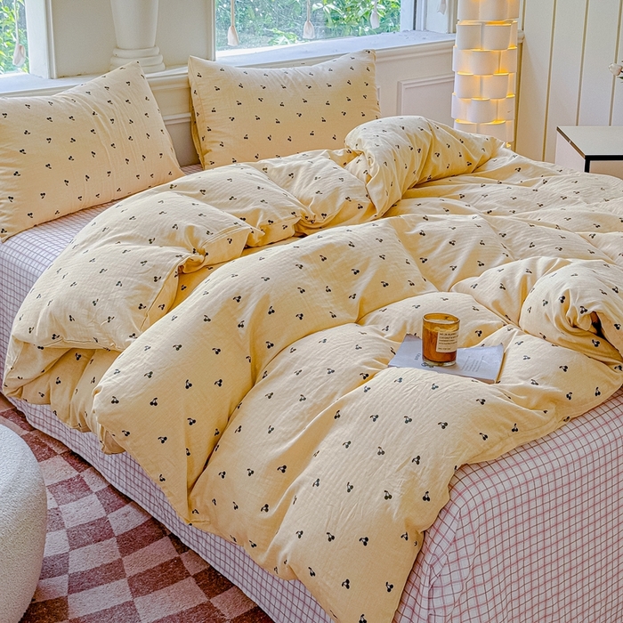 91家纺网 家纺一手货源 找家纺 感遇家纺2025新款全棉双层纱纤柔四件套 樱桃