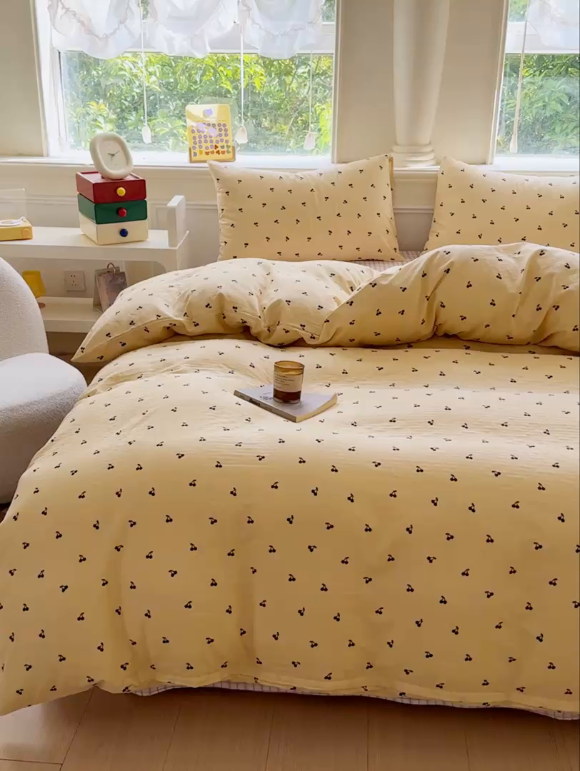 91家纺网 家纺一手货源 找家纺 感遇家纺2025新款全棉双层纱纤柔四件套 樱桃