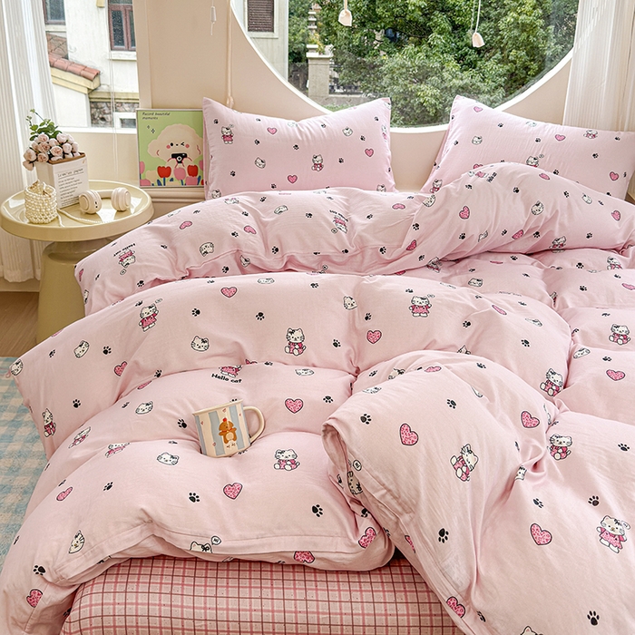 91家纺网 家纺一手货源 找家纺 感遇家纺 2025新款全棉纯棉千柔双层纱四件套 豹纹猫粉