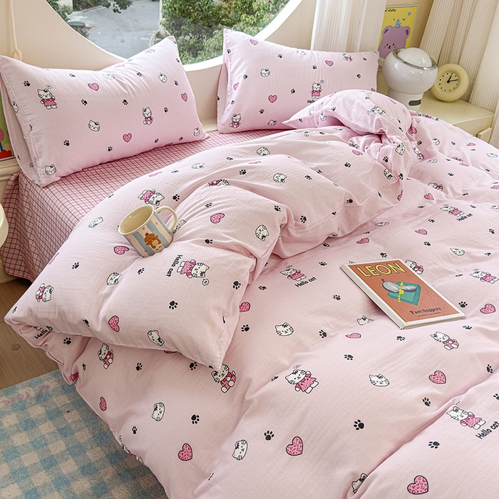 91家纺网 家纺一手货源 找家纺 感遇家纺 2025新款全棉纯棉千柔双层纱四件套 豹纹猫粉