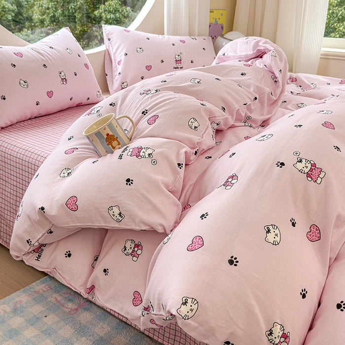 91家纺网 家纺一手货源 找家纺 感遇家纺 2025新款全棉纯棉千柔双层纱四件套 豹纹猫粉