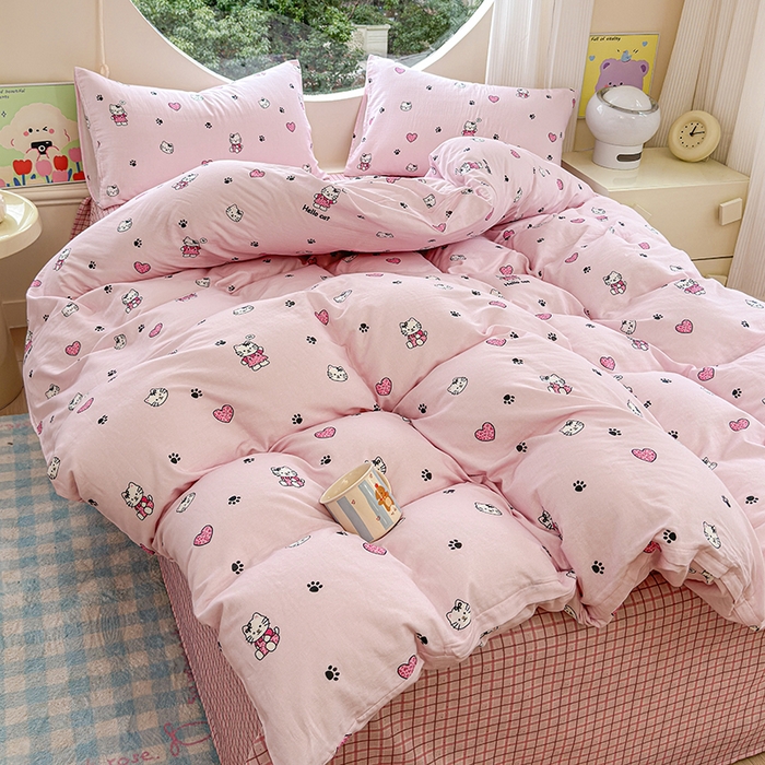 91家纺网 家纺一手货源 找家纺 感遇家纺 2025新款全棉纯棉千柔双层纱四件套 豹纹猫粉