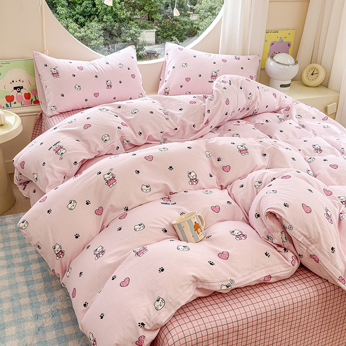 91家纺网 家纺一手货源 找家纺 感遇家纺 2025新款全棉纯棉千柔双层纱四件套 豹纹猫粉