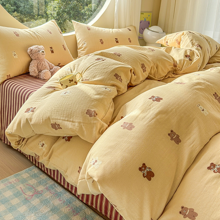 感遇家纺 2025新款全棉纯棉千柔双层纱四件套 轻奢小熊