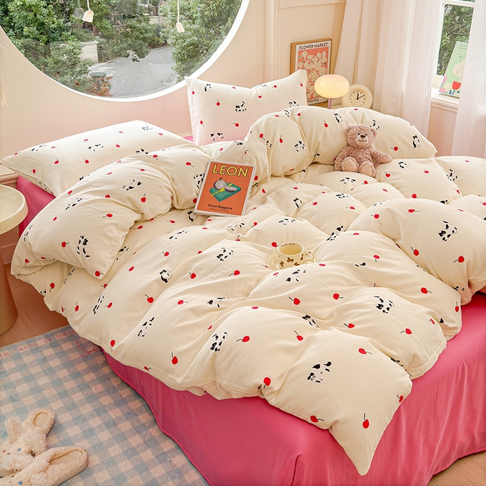 91家纺网 家纺一手货源 找家纺 感遇家纺 2025新款全棉纯棉千柔双层纱四件套 牛奶猫