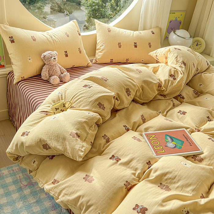 91家纺网 家纺一手货源 找家纺 感遇家纺 2025新款全棉纯棉千柔双层纱四件套 轻奢小熊