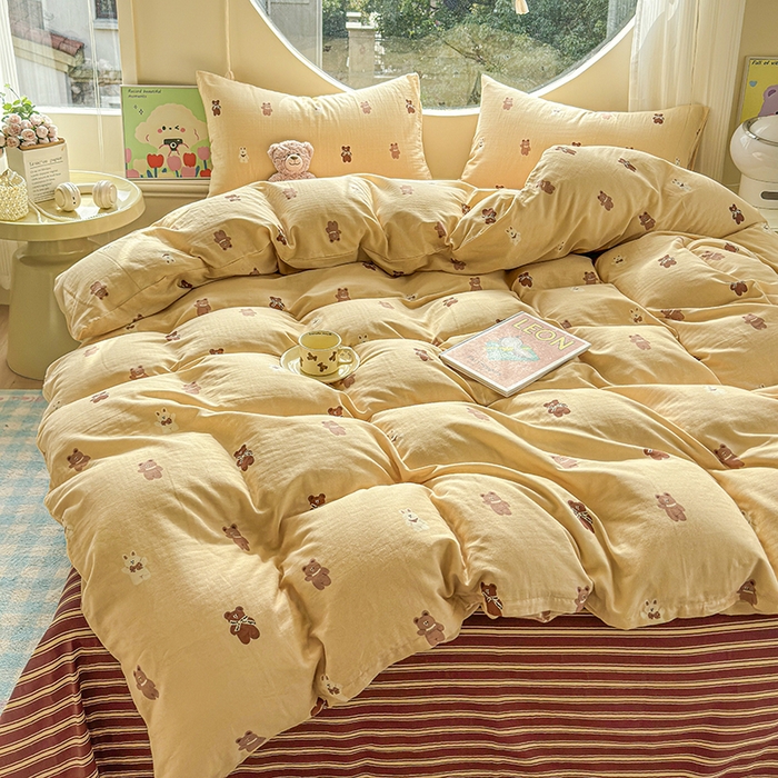 91家纺网 家纺一手货源 找家纺 感遇家纺 2025新款全棉纯棉千柔双层纱四件套 轻奢小熊