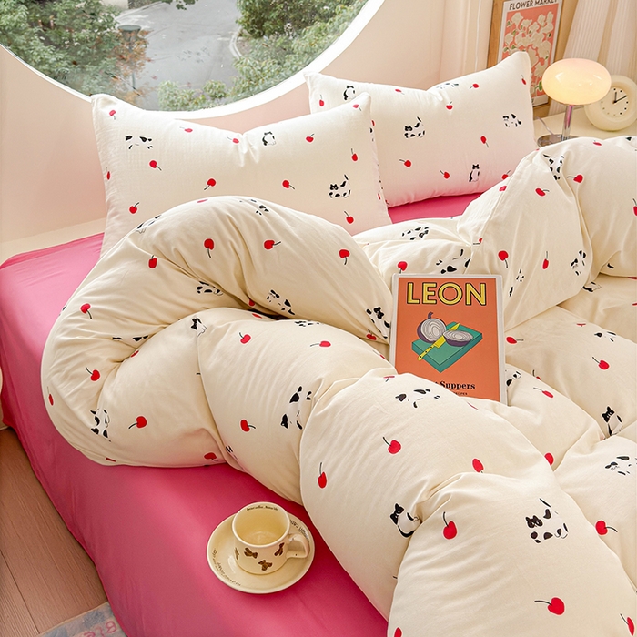 91家纺网 家纺一手货源 找家纺 感遇家纺 2025新款全棉纯棉千柔双层纱四件套 牛奶猫