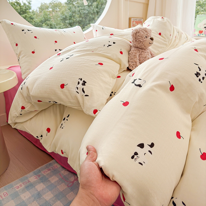 91家纺网 家纺一手货源 找家纺 感遇家纺 2025新款全棉纯棉千柔双层纱四件套 牛奶猫