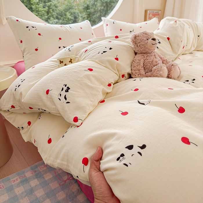 91家纺网 家纺一手货源 找家纺 感遇家纺 2025新款全棉纯棉千柔双层纱四件套 牛奶猫