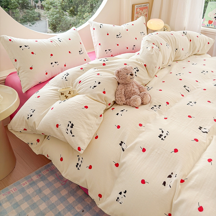 91家纺网 家纺一手货源 找家纺 感遇家纺 2025新款全棉纯棉千柔双层纱四件套 牛奶猫