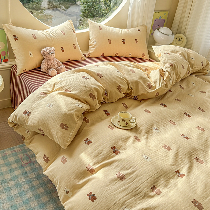 91家纺网 家纺一手货源 找家纺 感遇家纺 2025新款全棉纯棉千柔双层纱四件套 轻奢小熊