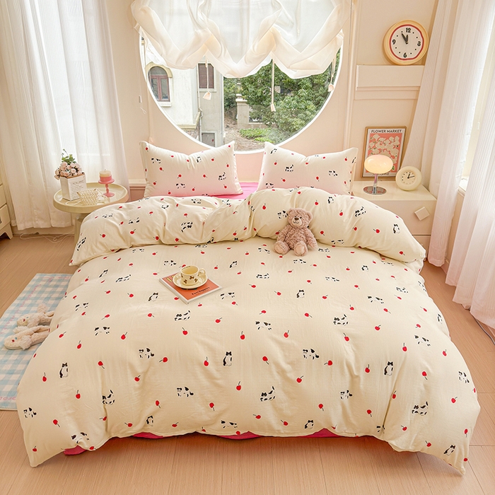 91家纺网 家纺一手货源 找家纺 感遇家纺 2025新款全棉纯棉千柔双层纱四件套 牛奶猫