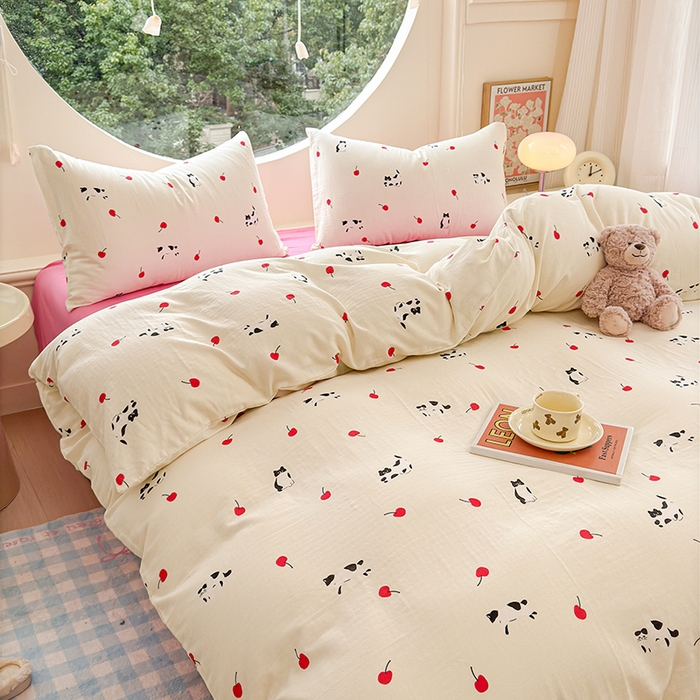 91家纺网 家纺一手货源 找家纺 感遇家纺 2025新款全棉纯棉千柔双层纱四件套 牛奶猫