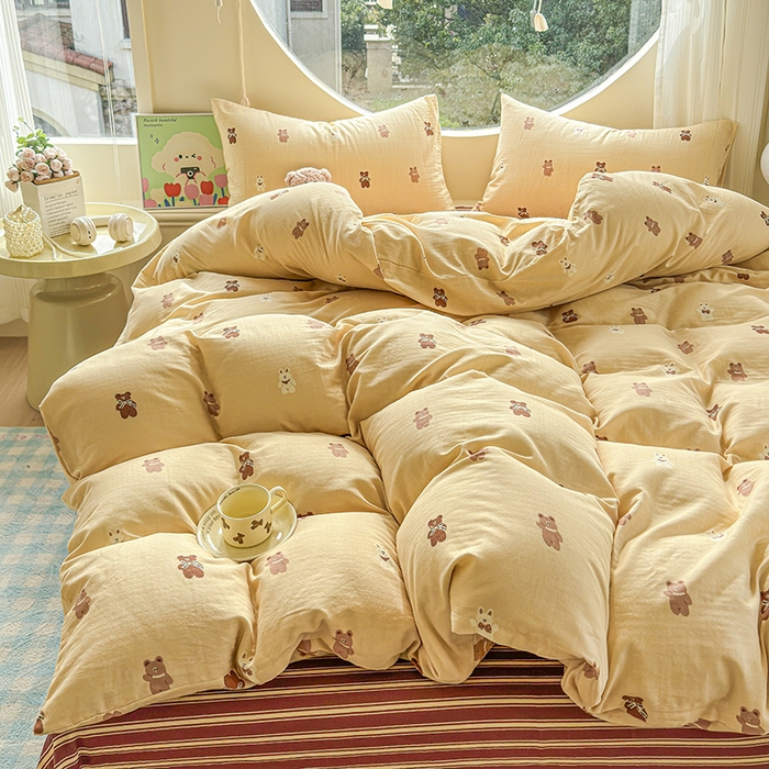 91家纺网 家纺一手货源 找家纺 感遇家纺 2025新款全棉纯棉千柔双层纱四件套 轻奢小熊