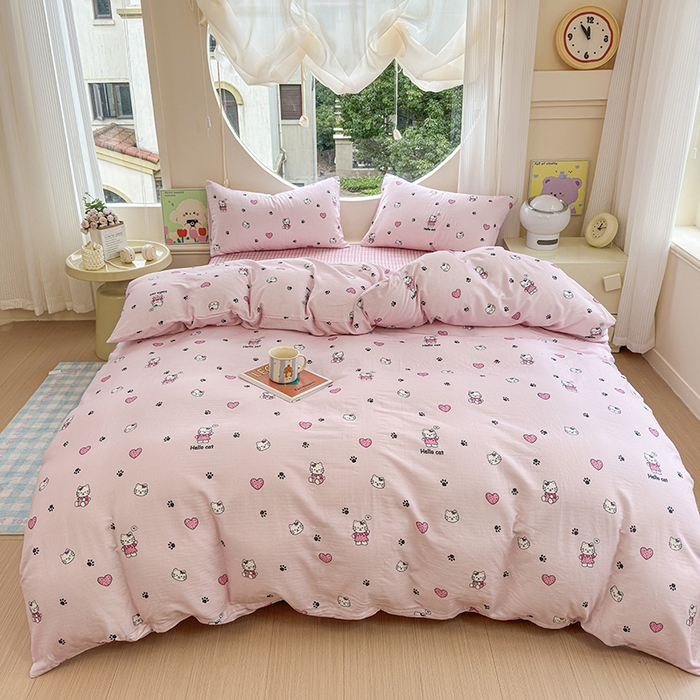 91家纺网 家纺一手货源 找家纺 感遇家纺 2025新款全棉纯棉千柔双层纱四件套 豹纹猫粉