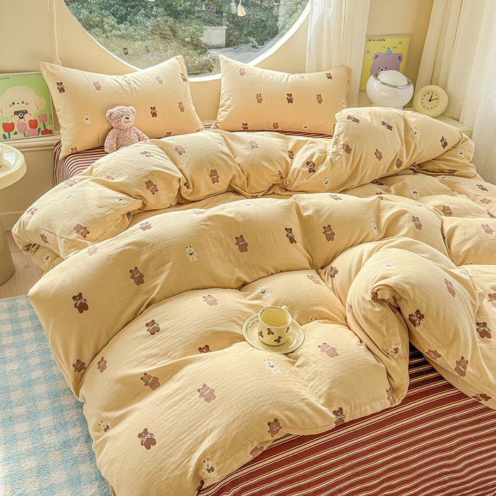 91家纺网 家纺一手货源 找家纺 感遇家纺 2025新款全棉纯棉千柔双层纱四件套 轻奢小熊