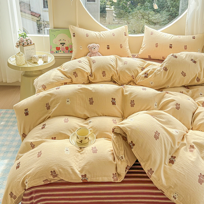 91家纺网 家纺一手货源 找家纺 感遇家纺 2025新款全棉纯棉千柔双层纱四件套 轻奢小熊