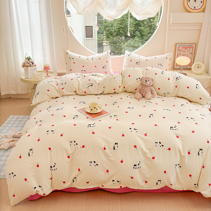 91家纺网 家纺一手货源 找家纺 感遇家纺 2025新款全棉纯棉千柔双层纱四件套 牛奶猫