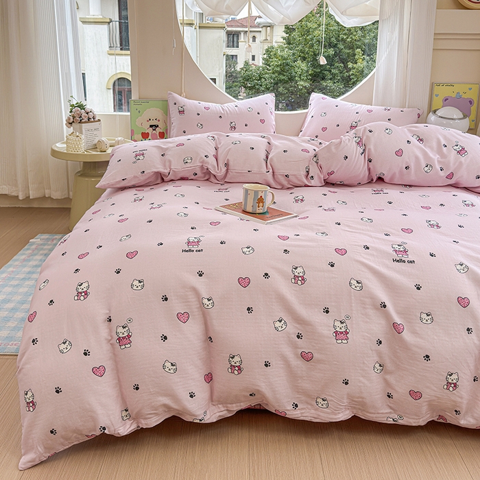 91家纺网 家纺一手货源 找家纺 感遇家纺 2025新款全棉纯棉千柔双层纱四件套 豹纹猫粉