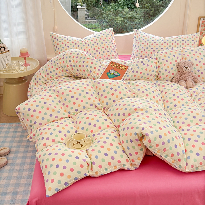 91家纺网 家纺一手货源 找家纺 感遇家纺 2025新款全棉纯棉千柔双层纱四件套 彩虹点点