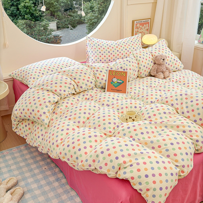 91家纺网 家纺一手货源 找家纺 感遇家纺 2025新款全棉纯棉千柔双层纱四件套 彩虹点点