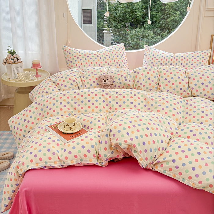 91家纺网 家纺一手货源 找家纺 感遇家纺 2025新款全棉纯棉千柔双层纱四件套 彩虹点点