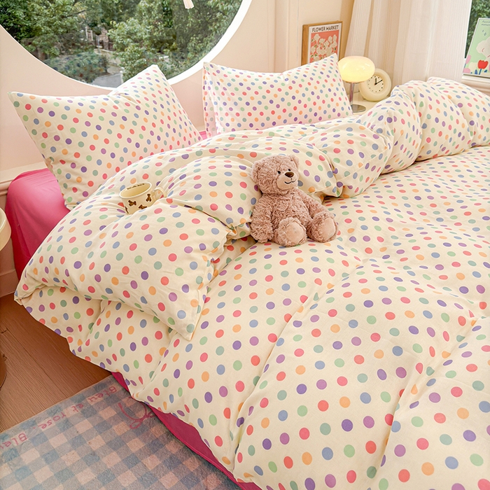 91家纺网 家纺一手货源 找家纺 感遇家纺 2025新款全棉纯棉千柔双层纱四件套 彩虹点点