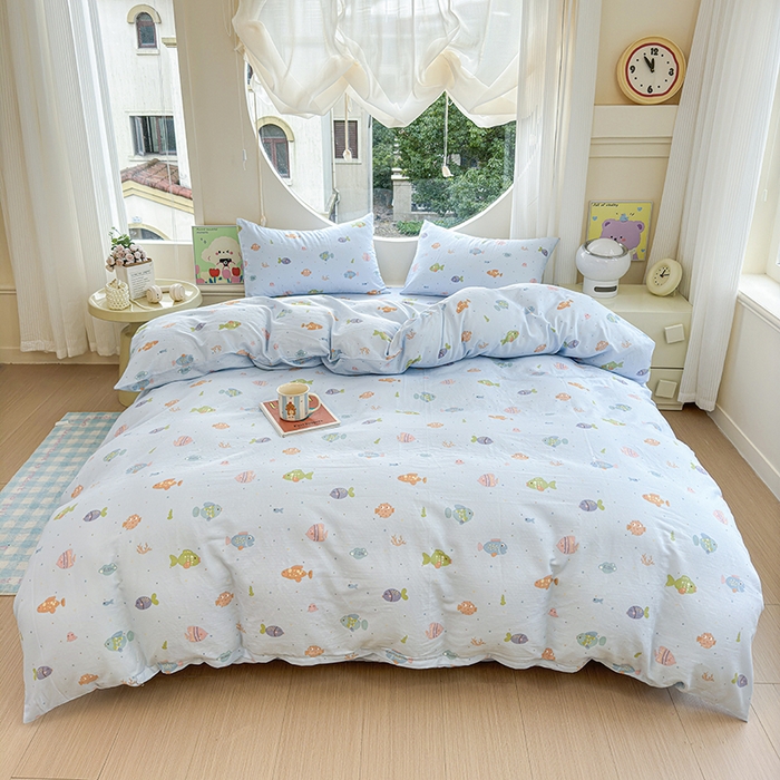 91家纺网 家纺一手货源 找家纺 感遇家纺 2025新款全棉纯棉千柔双层纱四件套 蓝色小鱼