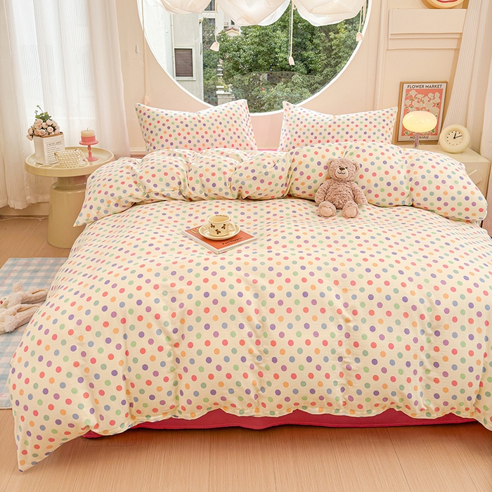 91家纺网 家纺一手货源 找家纺 感遇家纺 2025新款全棉纯棉千柔双层纱四件套 彩虹点点