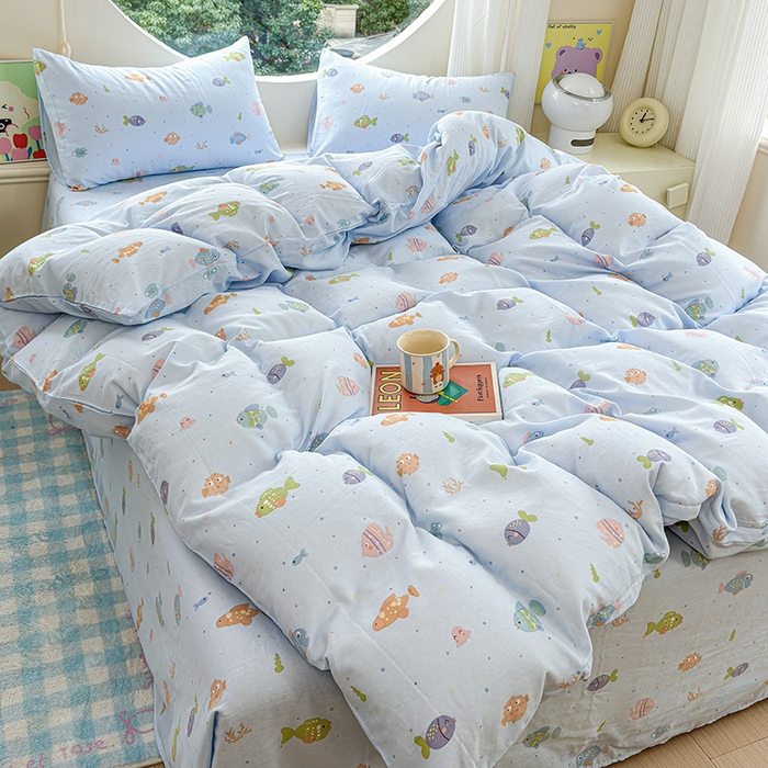 91家纺网 家纺一手货源 找家纺 感遇家纺 2025新款全棉纯棉千柔双层纱四件套 蓝色小鱼