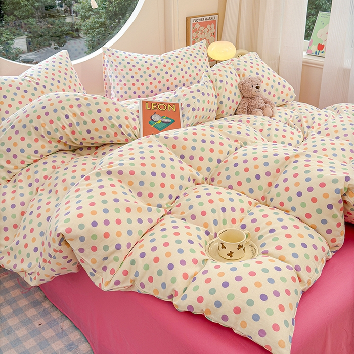 91家纺网 家纺一手货源 找家纺 感遇家纺 2025新款全棉纯棉千柔双层纱四件套 彩虹点点